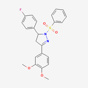 molecular formula C23H21FN2O4S B2661295 3-(3,4-dimethoxyphenyl)-5-(4-fluorophenyl)-1-(phenylsulfonyl)-4,5-dihydro-1H-pyrazole CAS No. 402947-92-6