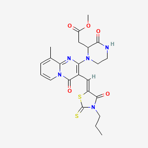 molecular formula C23H25N5O5S2 B2661309 (Z)-methyl 2-(1-(9-methyl-4-oxo-3-((4-oxo-3-propyl-2-thioxothiazolidin-5-ylidene)methyl)-4H-pyrido[1,2-a]pyrimidin-2-yl)-3-oxopiperazin-2-yl)acetate CAS No. 1025362-78-0