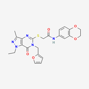 molecular formula C23H23N5O5S B2661388 N-(2,3-dihydrobenzo[b][1,4]dioxin-6-yl)-2-((1-ethyl-6-(furan-2-ylmethyl)-3-methyl-7-oxo-6,7-dihydro-1H-pyrazolo[4,3-d]pyrimidin-5-yl)thio)acetamide CAS No. 1359219-01-4
