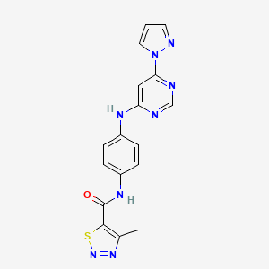 molecular formula C17H14N8OS B2661389 N-(4-((6-(1H-pyrazol-1-yl)pyrimidin-4-yl)amino)phenyl)-4-methyl-1,2,3-thiadiazole-5-carboxamide CAS No. 1207001-10-2
