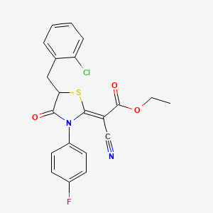 molecular formula C21H16ClFN2O3S B2661404 (Z)-ethyl 2-(5-(2-chlorobenzyl)-3-(4-fluorophenyl)-4-oxothiazolidin-2-ylidene)-2-cyanoacetate CAS No. 786677-98-3
