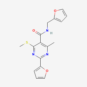 molecular formula C16H15N3O3S B2661431 2-(furan-2-yl)-N-[(furan-2-yl)methyl]-4-methyl-6-(methylsulfanyl)pyrimidine-5-carboxamide CAS No. 1258655-69-4