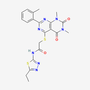 molecular formula C21H21N7O3S2 B2661442 2-((6,8-dimethyl-5,7-dioxo-2-(o-tolyl)-5,6,7,8-tetrahydropyrimido[4,5-d]pyrimidin-4-yl)thio)-N-(5-ethyl-1,3,4-thiadiazol-2-yl)acetamide CAS No. 893904-37-5