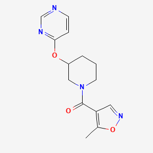 molecular formula C14H16N4O3 B2661452 (5-Methylisoxazol-4-yl)(3-(pyrimidin-4-yloxy)piperidin-1-yl)methanone CAS No. 2034499-39-1