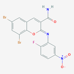 (2Z)-6,8-dibromo-2-[(2-fluoro-5-nitrophenyl)imino]-2H-chromene-3-carboxamide