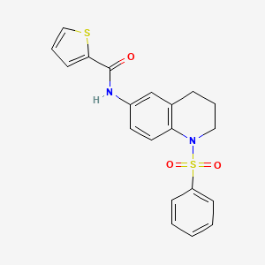 molecular formula C20H18N2O3S2 B2661521 N-[1-(苯磺酰)-3,4-二氢-2H-喹啉-6-基]噻吩-2-甲酰胺 CAS No. 941871-69-8