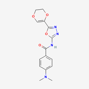 molecular formula C15H16N4O4 B2661525 N-(5-(5,6-dihydro-1,4-dioxin-2-yl)-1,3,4-oxadiazol-2-yl)-4-(dimethylamino)benzamide CAS No. 851095-03-9