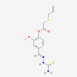 molecular formula C14H17N3O3S2 B2661569 (E)-4-((2-氨基甲硫醛基)甲基)-2-甲氧基苯基-2-(烯丙硫)乙酸酯 CAS No. 326882-54-6