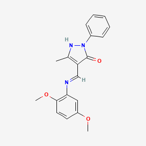 molecular formula C19H19N3O3 B2661590 (E)-4-(((2,5-dimethoxyphenyl)amino)methylene)-3-methyl-1-phenyl-1H-pyrazol-5(4H)-one CAS No. 684238-66-2