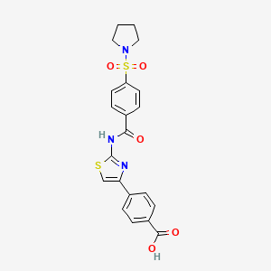 molecular formula C21H19N3O5S2 B2661605 4-(2-(4-(Pyrrolidin-1-ylsulfonyl)benzamido)thiazol-4-yl)benzoic acid CAS No. 941984-68-5