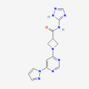 molecular formula C13H13N9O B2661617 1-(6-(1H-吡唑-1-基)嘧啶-4-基)-N-(1H-1,2,4-三唑-5-基)氮杂环丁烷-3-羧酰胺 CAS No. 2034282-05-6