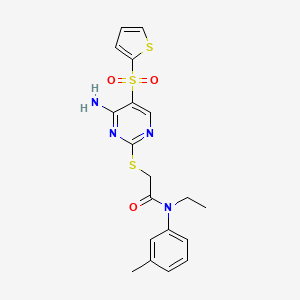 molecular formula C19H20N4O3S3 B2661683 2-((4-amino-5-(thiophen-2-ylsulfonyl)pyrimidin-2-yl)thio)-N-ethyl-N-(m-tolyl)acetamide CAS No. 1242879-13-5