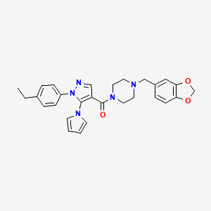 molecular formula C28H29N5O3 B2661698 (4-(benzo[d][1,3]dioxol-5-ylmethyl)piperazin-1-yl)(1-(4-ethylphenyl)-5-(1H-pyrrol-1-yl)-1H-pyrazol-4-yl)methanone CAS No. 1207040-99-0