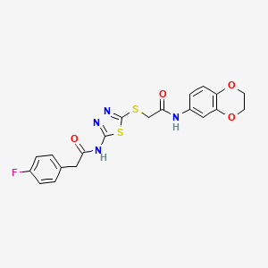 molecular formula C20H17FN4O4S2 B2661700 N-(2,3-二氢苯并[b][1,4]二噁英-6-基)-2-((5-(2-(4-氟苯基)乙酰氨基)-1,3,4-噻二唑-2-基)硫)乙酰胺 CAS No. 868977-26-8