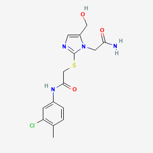 molecular formula C15H17ClN4O3S B2661753 2-((1-(2-amino-2-oxoethyl)-5-(hydroxymethyl)-1H-imidazol-2-yl)thio)-N-(3-chloro-4-methylphenyl)acetamide CAS No. 921503-40-4