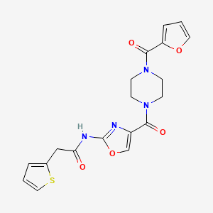 molecular formula C19H18N4O5S B2661763 N-(4-(4-(furan-2-carbonyl)piperazine-1-carbonyl)oxazol-2-yl)-2-(thiophen-2-yl)acetamide CAS No. 1396793-30-8