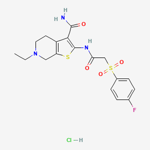 molecular formula C18H21ClFN3O4S2 B2661766 6-Ethyl-2-(2-((4-fluorophenyl)sulfonyl)acetamido)-4,5,6,7-tetrahydrothieno[2,3-c]pyridine-3-carboxamide hydrochloride CAS No. 1329637-50-4
