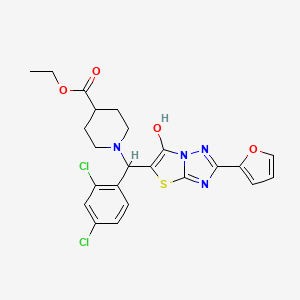 molecular formula C23H22Cl2N4O4S B2661770 乙酸1-((2,4-二氯苯基)(2-(呋喃-2-基)-6-羟基噻唑并[3,2-b][1,2,4]三唑-5-基)甲基哌啶-4-羧酸酯 CAS No. 898418-62-7