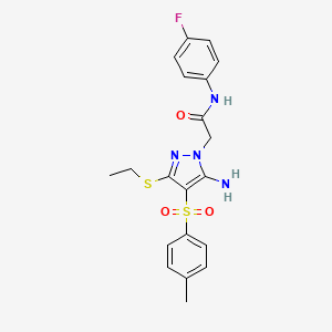 molecular formula C20H21FN4O3S2 B2661781 2-(5-氨基-3-(乙硫基)-4-对甲苯基-1H-吡唑-1-基)-N-(4-氟苯基)乙酰胺 CAS No. 1019099-72-9
