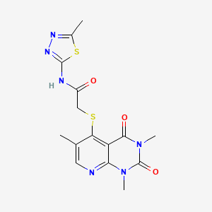 molecular formula C15H16N6O3S2 B2661809 N-(5-methyl-1,3,4-thiadiazol-2-yl)-2-((1,3,6-trimethyl-2,4-dioxo-1,2,3,4-tetrahydropyrido[2,3-d]pyrimidin-5-yl)thio)acetamide CAS No. 899747-33-2