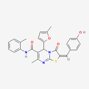 molecular formula C27H23N3O4S B2661811 (E)-2-(4-hydroxybenzylidene)-7-methyl-5-(5-methylfuran-2-yl)-3-oxo-N-(o-tolyl)-3,5-dihydro-2H-thiazolo[3,2-a]pyrimidine-6-carboxamide CAS No. 627038-95-3