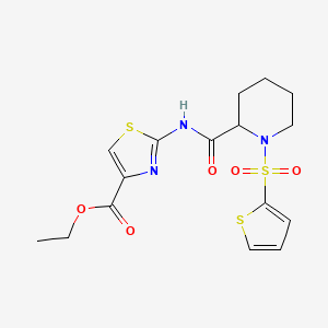 molecular formula C16H19N3O5S3 B2661865 Ethyl 2-(1-(thiophen-2-ylsulfonyl)piperidine-2-carboxamido)thiazole-4-carboxylate CAS No. 1049829-19-7