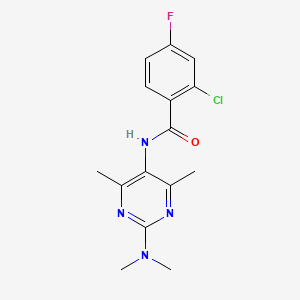 molecular formula C15H16ClFN4O B2661866 2-chloro-N-(2-(dimethylamino)-4,6-dimethylpyrimidin-5-yl)-4-fluorobenzamide CAS No. 1448134-72-2
