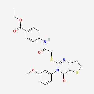 molecular formula C24H23N3O5S2 B2661879 Ethyl 4-(2-((3-(3-methoxyphenyl)-4-oxo-3,4,6,7-tetrahydrothieno[3,2-d]pyrimidin-2-yl)thio)acetamido)benzoate CAS No. 877655-37-3