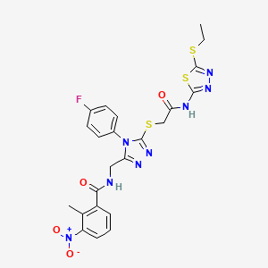 molecular formula C23H21FN8O4S3 B2661886 N-((5-((2-((5-(ethylthio)-1,3,4-thiadiazol-2-yl)amino)-2-oxoethyl)thio)-4-(4-fluorophenyl)-4H-1,2,4-triazol-3-yl)methyl)-2-methyl-3-nitrobenzamide CAS No. 389071-27-6