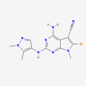 molecular formula C13H13BrN8 B2661995 4-Amino-6-bromo-2-[(1,5-dimethylpyrazol-4-yl)amino]-7-methylpyrrolo[2,3-d]pyrimidine-5-carbonitrile CAS No. 2253630-43-0