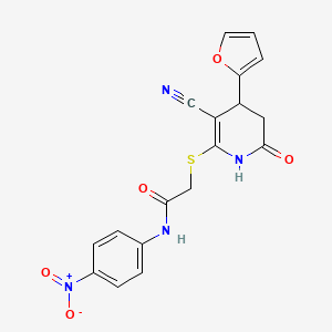 molecular formula C18H14N4O5S B2662003 2-((3-cyano-4-(furan-2-yl)-6-oxo-1,4,5,6-tetrahydropyridin-2-yl)thio)-N-(4-nitrophenyl)acetamide CAS No. 797797-22-9