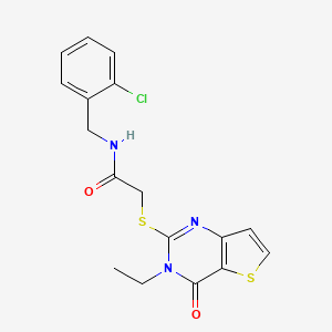 molecular formula C17H16ClN3O2S2 B2662006 N-(2-氯苄基)-2-((3-乙基-4-氧代-3,4-二氢噻吩并[3,2-d]嘧啶-2-基)硫)-乙酰胺 CAS No. 1252824-79-5