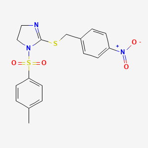 molecular formula C17H17N3O4S2 B2662049 2-((4-硝基苄硫基)-1-对甲苯磺酰-4,5-二氢-1H-咪唑) CAS No. 868217-43-0