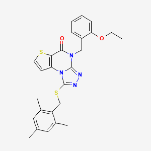 molecular formula C26H26N4O2S2 B2662091 4-(2-ethoxybenzyl)-1-((2,4,6-trimethylbenzyl)thio)thieno[2,3-e][1,2,4]triazolo[4,3-a]pyrimidin-5(4H)-one CAS No. 1224012-96-7