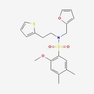 molecular formula C20H23NO4S2 B2662126 N-(furan-2-ylmethyl)-2-methoxy-4,5-dimethyl-N-(2-(thiophen-2-yl)ethyl)benzenesulfonamide CAS No. 1396793-06-8