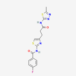 molecular formula C16H14FN5O2S2 B2662280 4-fluoro-N-(4-(3-((5-methyl-1,3,4-thiadiazol-2-yl)amino)-3-oxopropyl)thiazol-2-yl)benzamide CAS No. 1021218-73-4