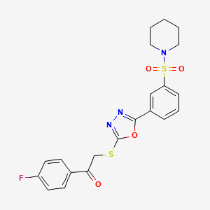 molecular formula C21H20FN3O4S2 B2662283 1-(4-Fluorophenyl)-2-({5-[3-(piperidine-1-sulfonyl)phenyl]-1,3,4-oxadiazol-2-yl}sulfanyl)ethan-1-one CAS No. 556040-36-9