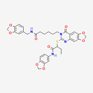 molecular formula C34H34N4O9S B2662337 6-(6-((1-(苯并[d][1,3]二氧杂环戊二烯-5-基氨基)-1-氧代丁酰基)硫代)-8-氧代-[1,3]二氧杂环戊四五-g]喹唑啉-7(8H)-基)-N-(苯并[d][1,3]二氧杂环戊二烯-5-基甲基)己酰胺 CAS No. 688061-42-9