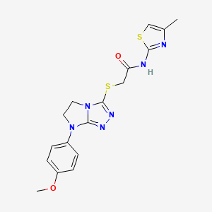 molecular formula C17H18N6O2S2 B2662555 2-((7-(4-methoxyphenyl)-6,7-dihydro-5H-imidazo[2,1-c][1,2,4]triazol-3-yl)thio)-N-(4-methylthiazol-2-yl)acetamide CAS No. 921580-17-8