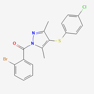 molecular formula C18H14BrClN2OS B2662604 (2-bromophenyl)(4-((4-chlorophenyl)thio)-3,5-dimethyl-1H-pyrazol-1-yl)methanone CAS No. 301160-56-5