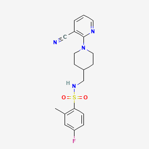 molecular formula C19H21FN4O2S B2662626 N-((1-(3-cyanopyridin-2-yl)piperidin-4-yl)methyl)-4-fluoro-2-methylbenzenesulfonamide CAS No. 2034503-86-9