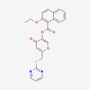 molecular formula C23H18N2O5S B2662628 4-oxo-6-((pyrimidin-2-ylthio)methyl)-4H-pyran-3-yl 2-ethoxy-1-naphthoate CAS No. 877636-78-7