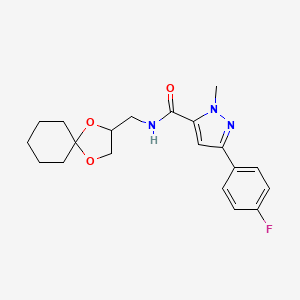 molecular formula C20H24FN3O3 B2662645 N-(1,4-dioxaspiro[4.5]decan-2-ylmethyl)-3-(4-fluorophenyl)-1-methyl-1H-pyrazole-5-carboxamide CAS No. 1396766-29-2