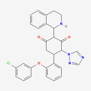 molecular formula C29H25ClN4O3 B2662676 5-[2-(3-chlorophenoxy)phenyl]-2-(1,2,3,4-tetrahydro-1-isoquinolinyl)-4-(1H-1,2,4-triazol-1-yl)-1,3-cyclohexanedione CAS No. 1005039-85-9