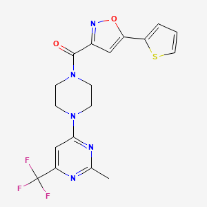 molecular formula C18H16F3N5O2S B2662792 (4-(2-Methyl-6-(trifluoromethyl)pyrimidin-4-yl)piperazin-1-yl)(5-(thiophen-2-yl)isoxazol-3-yl)methanone CAS No. 2034413-19-7