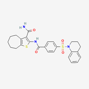molecular formula C26H27N3O4S2 B2662811 2-(4-((3,4-dihydroquinolin-1(2H)-yl)sulfonyl)benzamido)-5,6,7,8-tetrahydro-4H-cyclohepta[b]thiophene-3-carboxamide CAS No. 397279-55-9