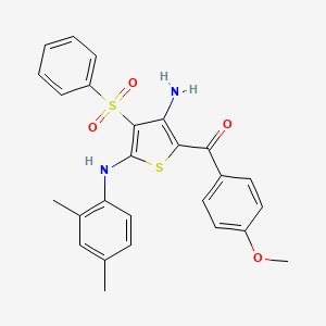 molecular formula C26H24N2O4S2 B2662840 (3-Amino-5-((2,4-dimethylphenyl)amino)-4-(phenylsulfonyl)thiophen-2-yl)(4-methoxyphenyl)methanone CAS No. 890819-57-5