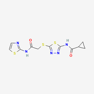 molecular formula C11H11N5O2S3 B2662853 N-(5-((2-oxo-2-(thiazol-2-ylamino)ethyl)thio)-1,3,4-thiadiazol-2-yl)cyclopropanecarboxamide CAS No. 392299-56-8