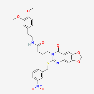 molecular formula C30H30N4O8S B2662864 N-(3,4-dimethoxyphenethyl)-4-(6-((3-nitrobenzyl)thio)-8-oxo-[1,3]dioxolo[4,5-g]quinazolin-7(8H)-yl)butanamide CAS No. 688060-52-8