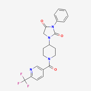 molecular formula C21H19F3N4O3 B2662887 3-Phenyl-1-(1-(6-(trifluoromethyl)nicotinoyl)piperidin-4-yl)imidazolidine-2,4-dione CAS No. 2034604-44-7